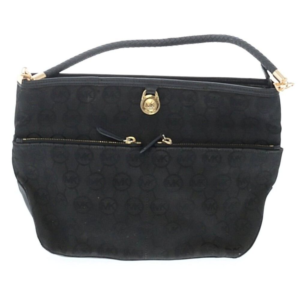 Michael Kors Black Signature MK Monogram Shoulder Bag Gold Hardware